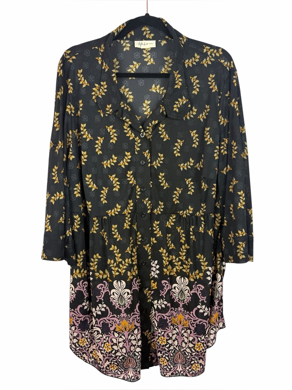 Style & Co Floral Sheer Tunic Blouse XL Black Pink Button Front Boho Top